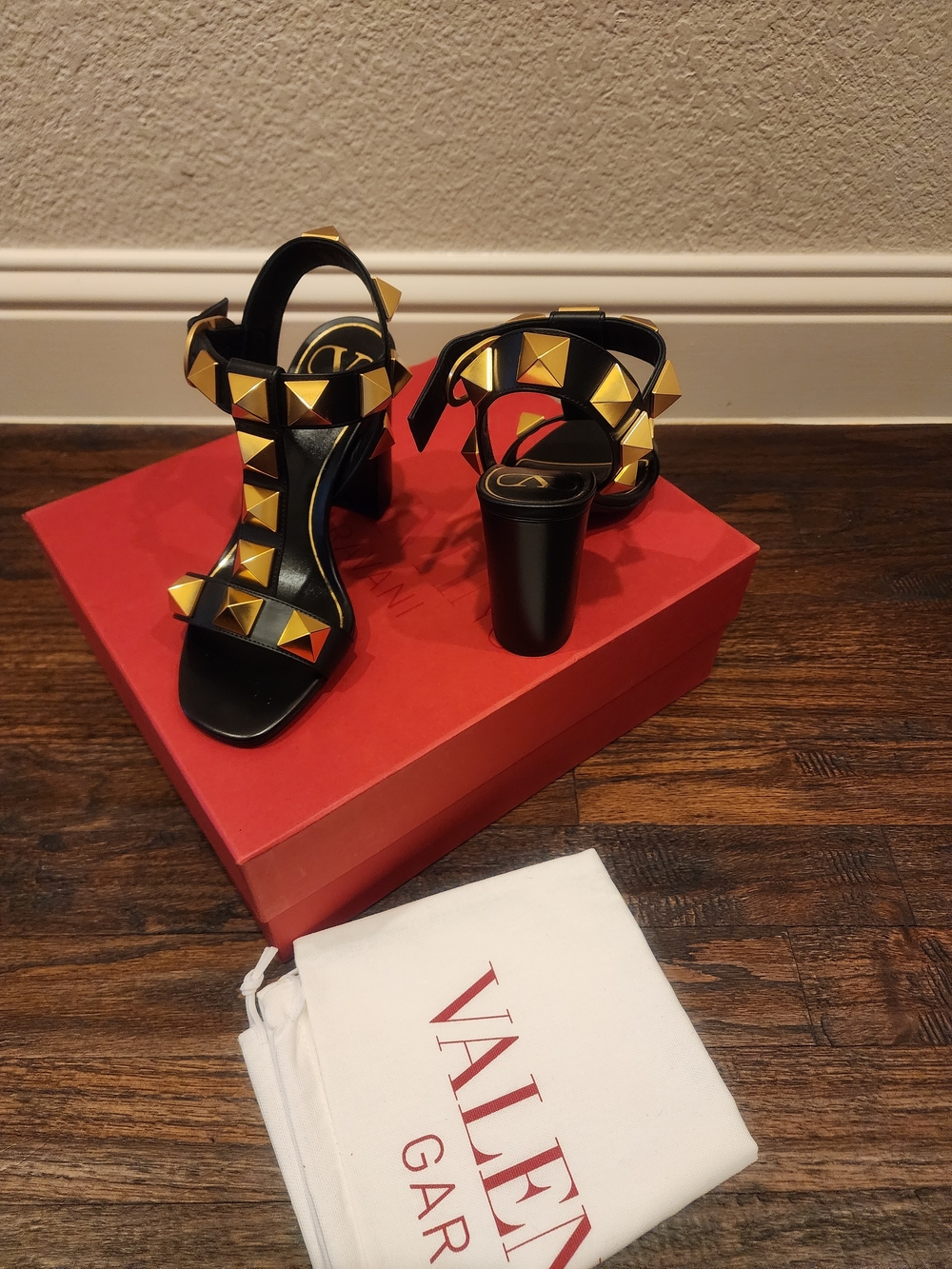 Valentino Black Leather Block Heel Sandals with Gold Pyramid Studs